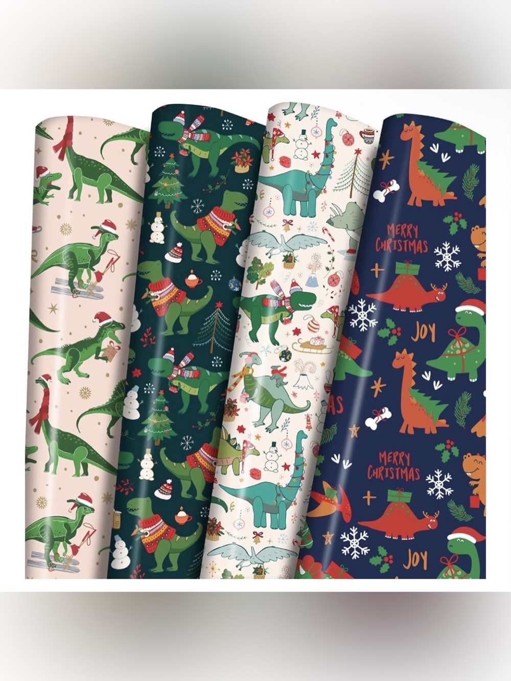 6 Jumbo Sheets 28”x40” Dinosaur Christmas Gift Wrap Green & White